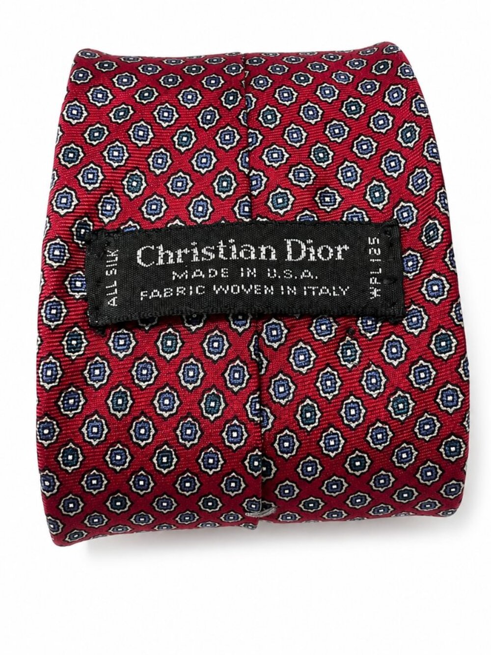 Vintage Christian Dior Red Silk Tie Blue Medallion Made USA Woven Italy Foulard